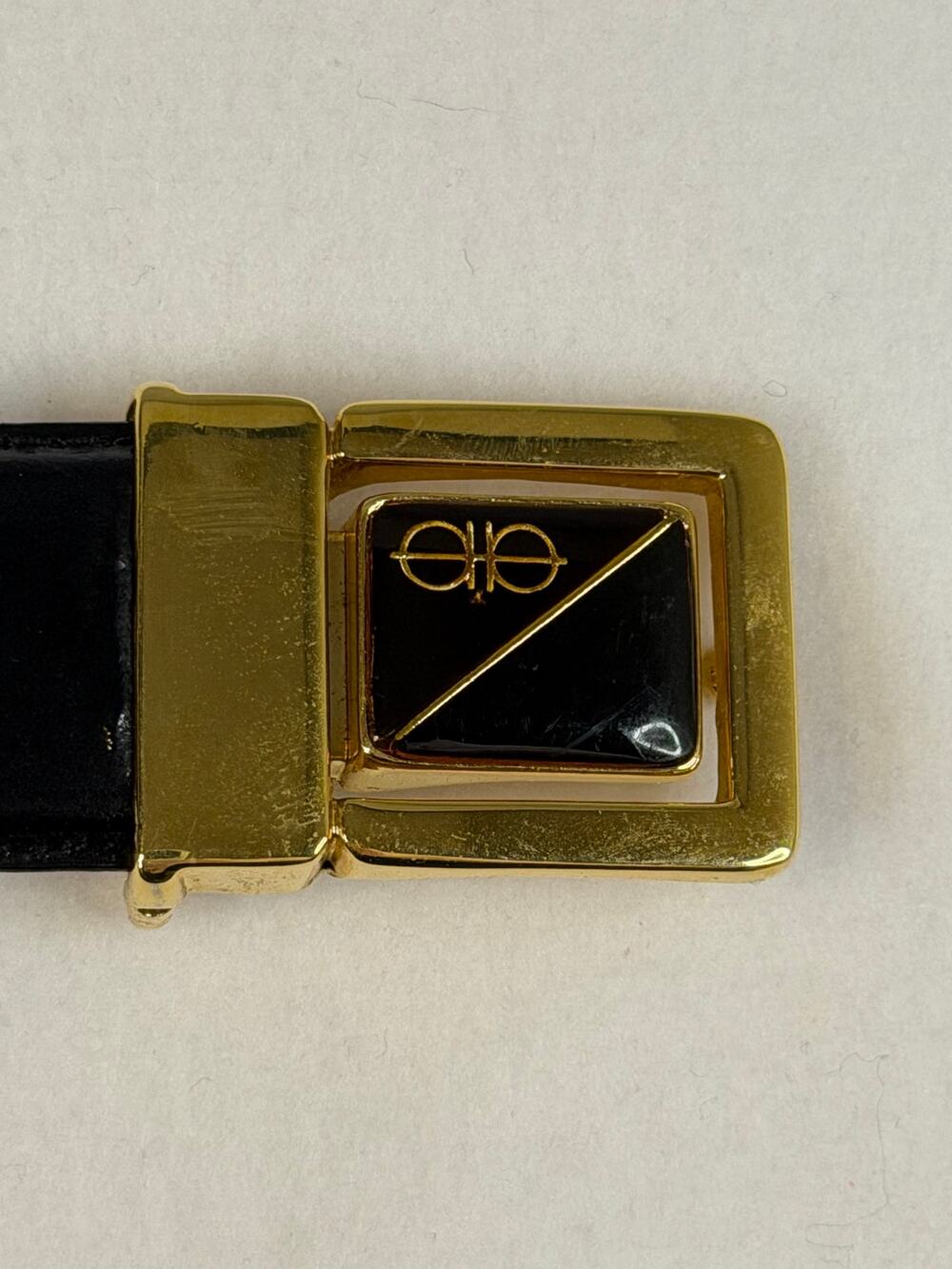 Vintage ELLE Black Croc Embossed Leather Belt Gold Geometric Buckle 80s